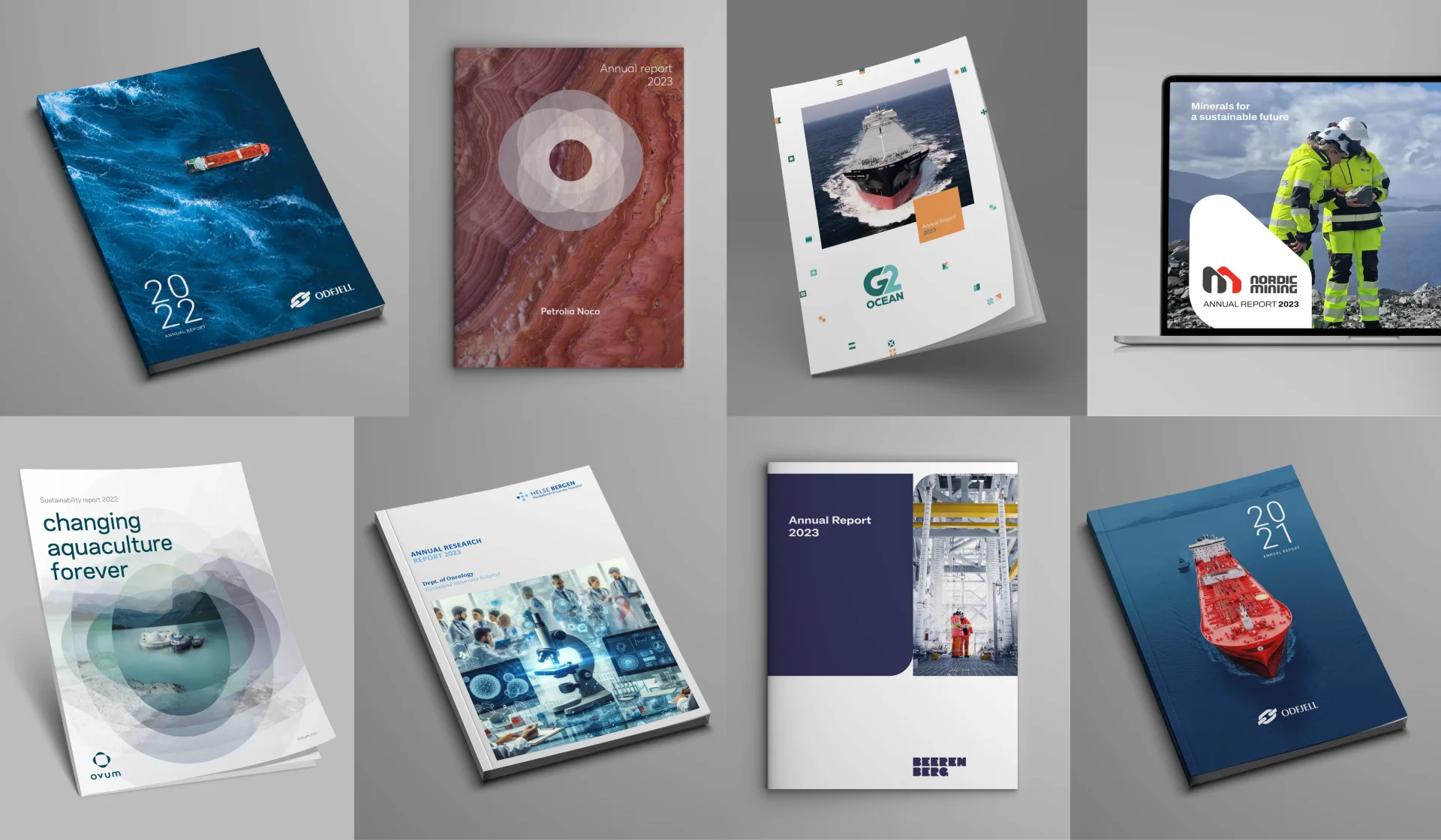 En samling av årsrapporter fra forskjellige bedrifter, som viser mangfoldet av design i hvert dokument
